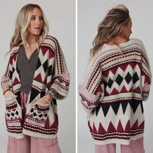 Faux Hair Aztec Pocket Oversize Cardigan One Size